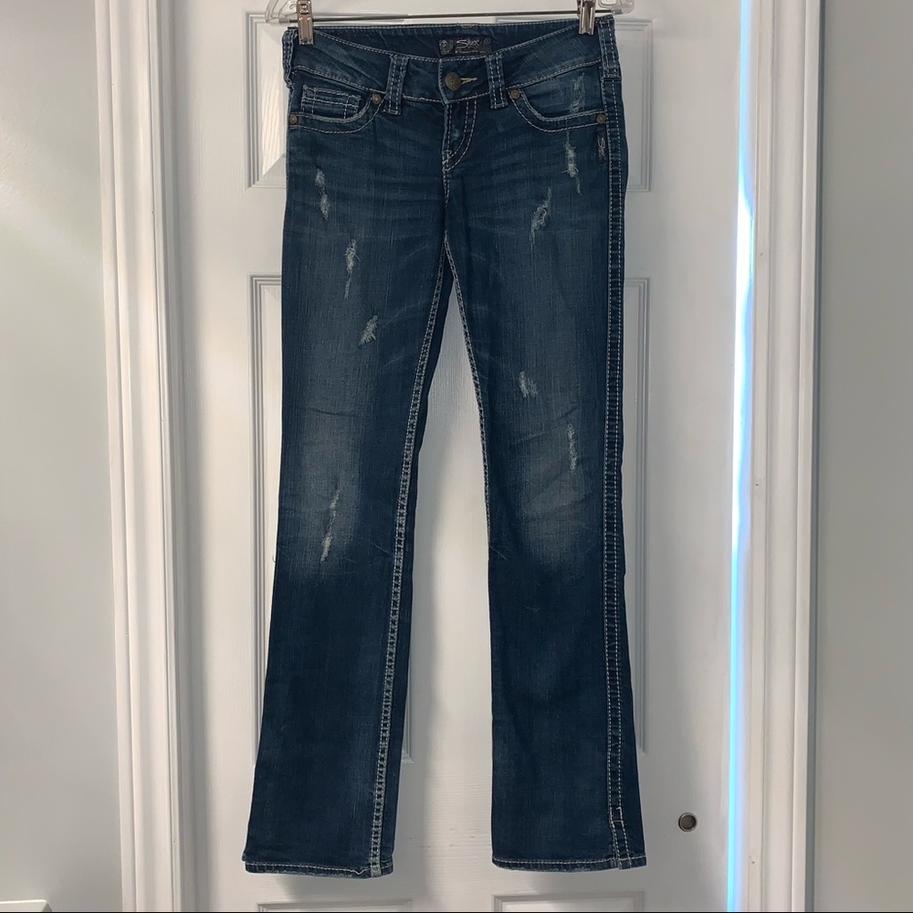 SILVER MCKENZIE denim JEANS Distressed women’s size W28”/L32” sequins on pockets